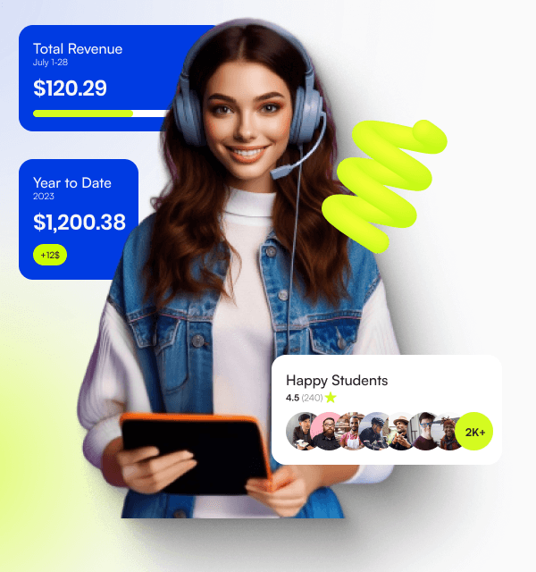 Creator with a tablet next to revenue, year-to-date and happy-students cards