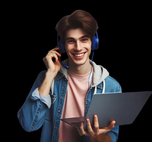 Smiling student with headphones holding a laptop
